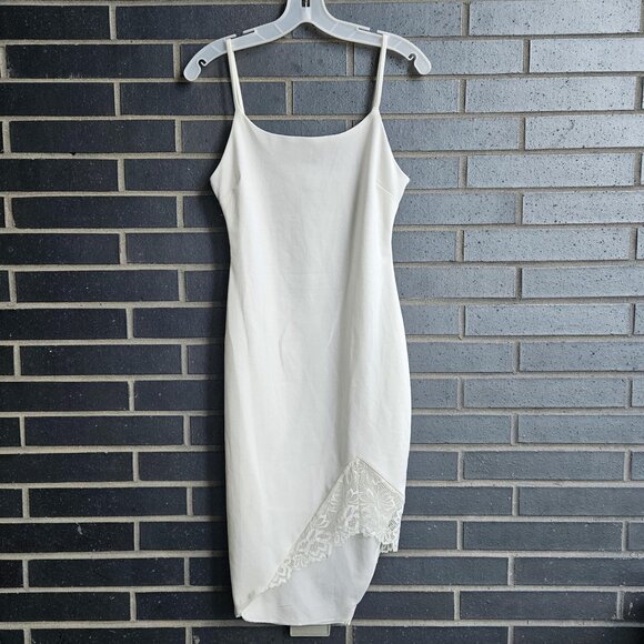 Privy White Asymmetrical Mini Dress with Delicate Peek-a-Boo Lace Bottom Size M - Picture 1 of 9